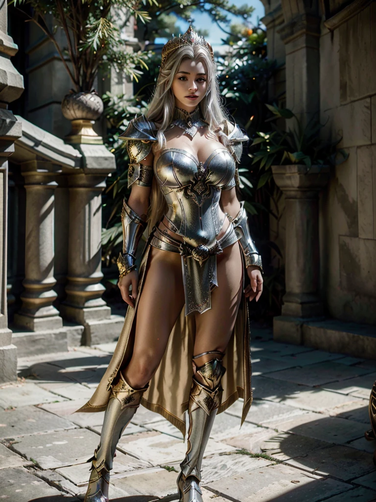 Realistic image cinematic shadows. in the courtyard. of the kingdom. There are Elven Woman Queen, With Crown, Illuminated Face, Hips, Toned, Round Breasts, Gypsy. ((silver armor spruce neckline, thick Gold ornaments)) reflecting sunlight.