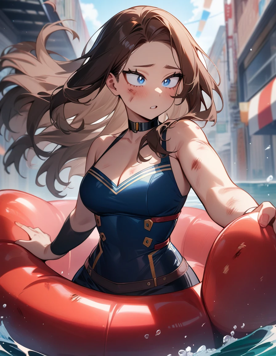 One girl, female focus (brown hair, blue eyes, long hair), boku no hero academia, Injury, float, masterpiece, highest quality, so beautiful, Absurd