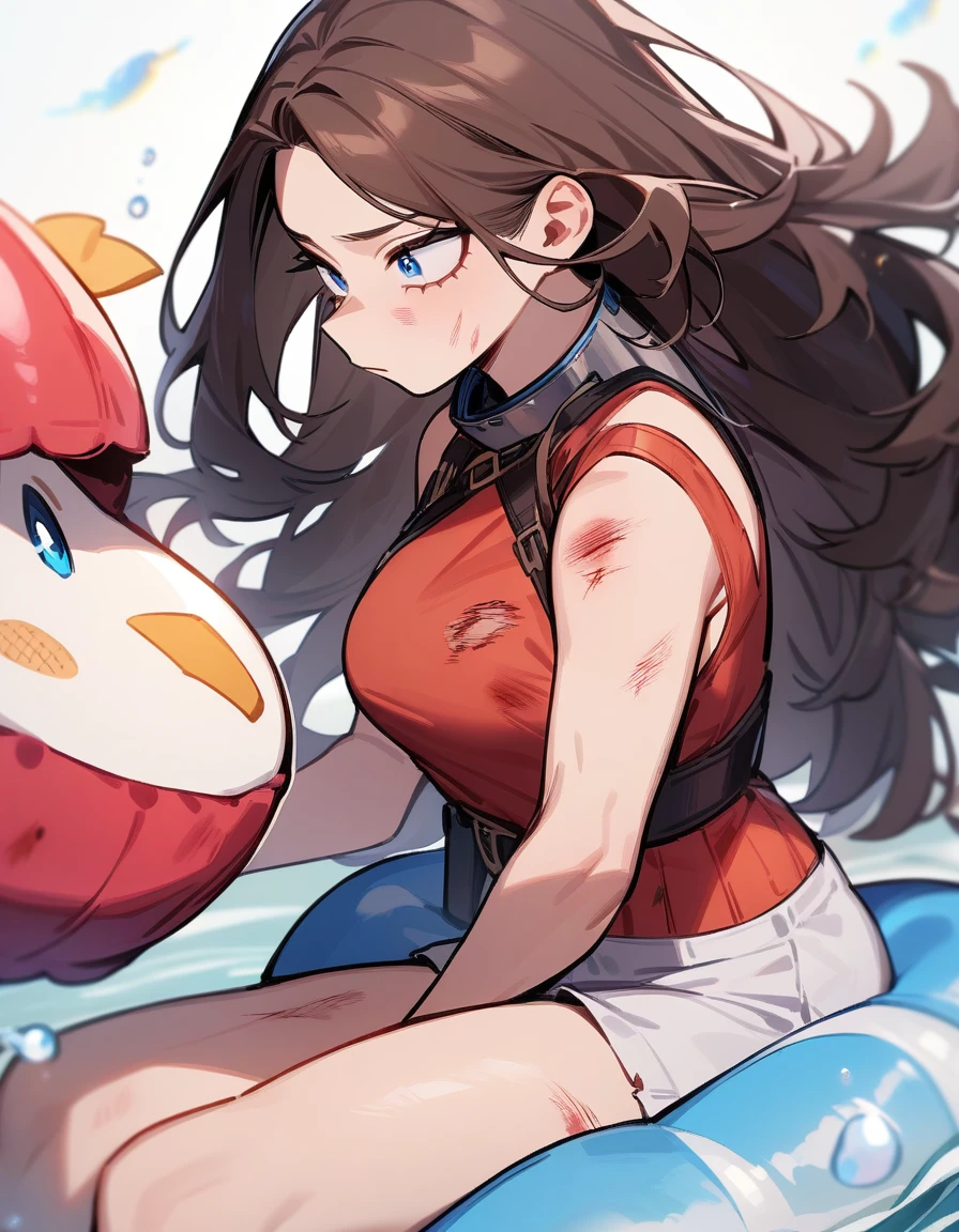 One girl, female focus (brown hair, blue eyes, long hair), boku no hero academia, Injury, float, masterpiece, highest quality, so beautiful, Absurd