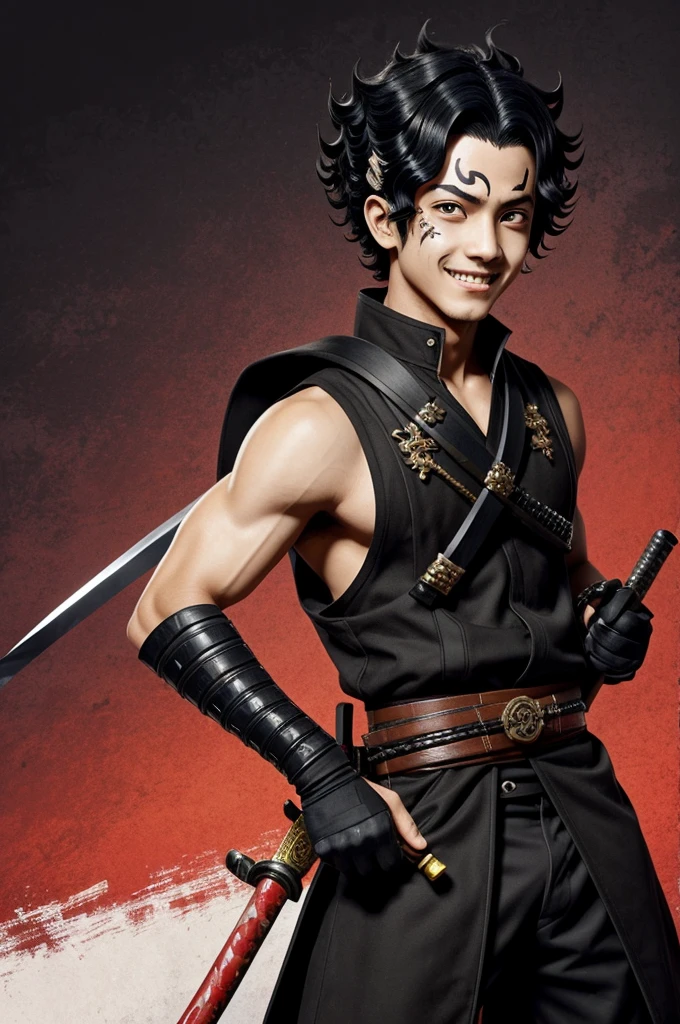 style:Kimetsu no yaiba Gender male Appearance: skin with vitiligo, always smiling, black eyes.
for the: negro, curly clothing: Wear a sleeveless demon hunter uniform.
weapon: Double yellow katana Comments