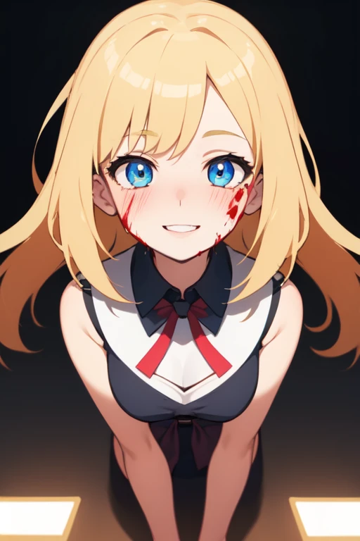 One girl, (Yandere:1.4), (Yandere trance:1.4), crazy, ((There was blood on my face)), Backlight, View your viewers, Blonde, Blue eyes, blush, smile, Yandere simulator, Glowing Eyes, evil smile, (Shadowed face:1.2)