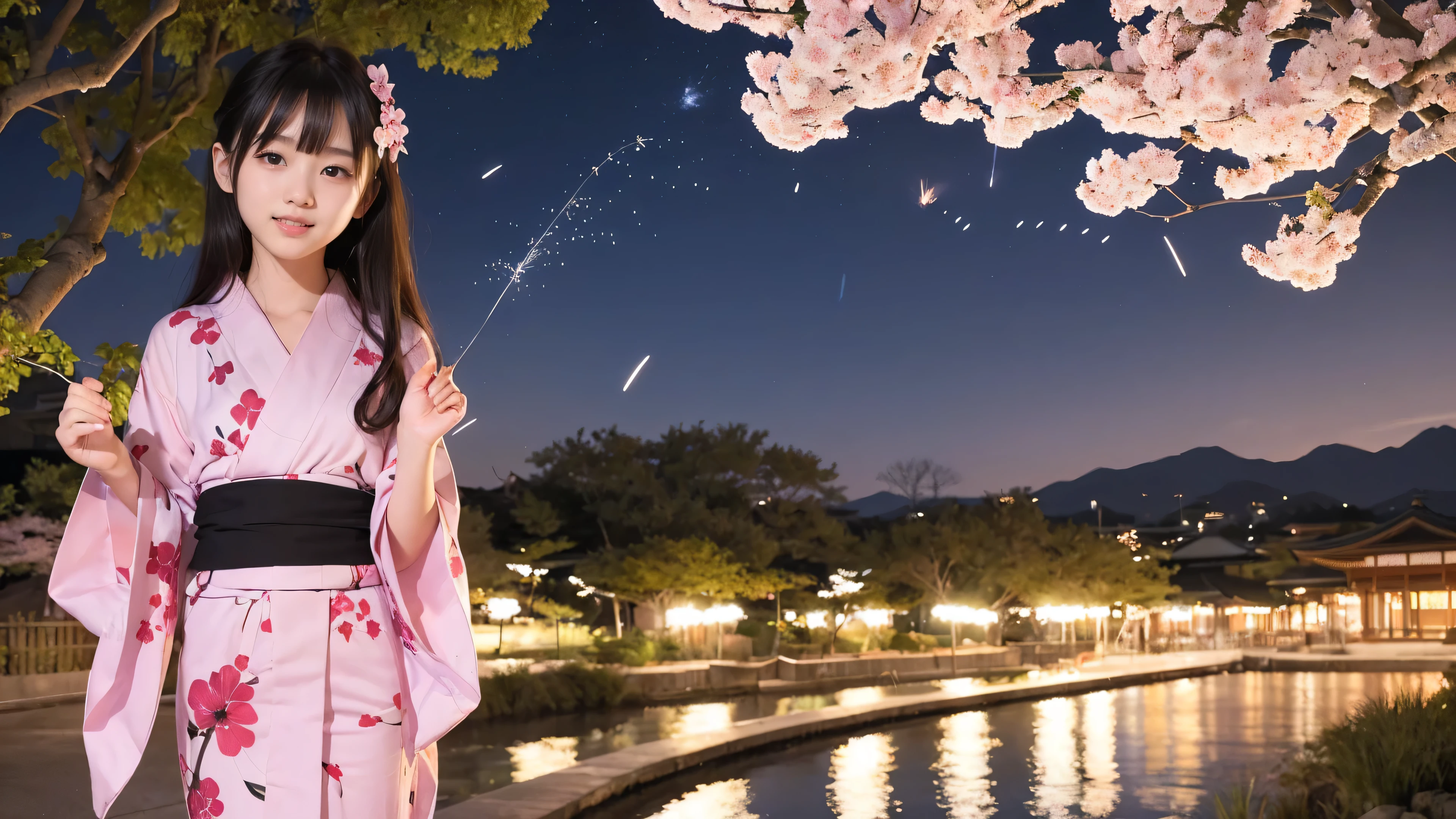 very cute、、girl、Straight Long Hair、((Beautiful Skin))、((Thin legs))、((Slim body))、((Mid-chest))、((yukata))、((firework))、((Night Sky))、((Cherry blossom trees))、The yukata&#39;s chest is open、
