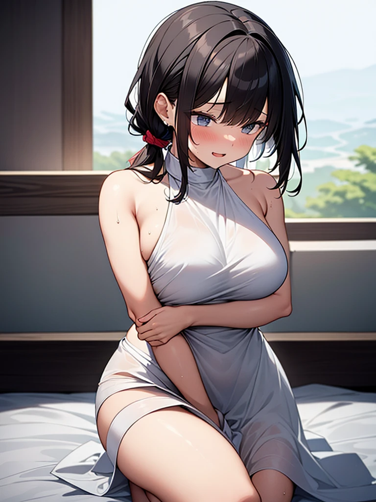 NSFW:1.9 Solo 全naked:1.9. Close your eyes tightly:1.9 Feeling good and screaming On the hotel bed White sheets Sweat Back sex:1.9、surprise:1.9 Big breasts Blushing Ponytail:1.9 背のexpensive女性:1.9 Short black hair in a ponytail:2.4 Straight hair Hair tie Sweep bangs to the side:1.9. Slanted Eyes, Brown eyes, expensive, Strong-willed, beautiful、adult、naked