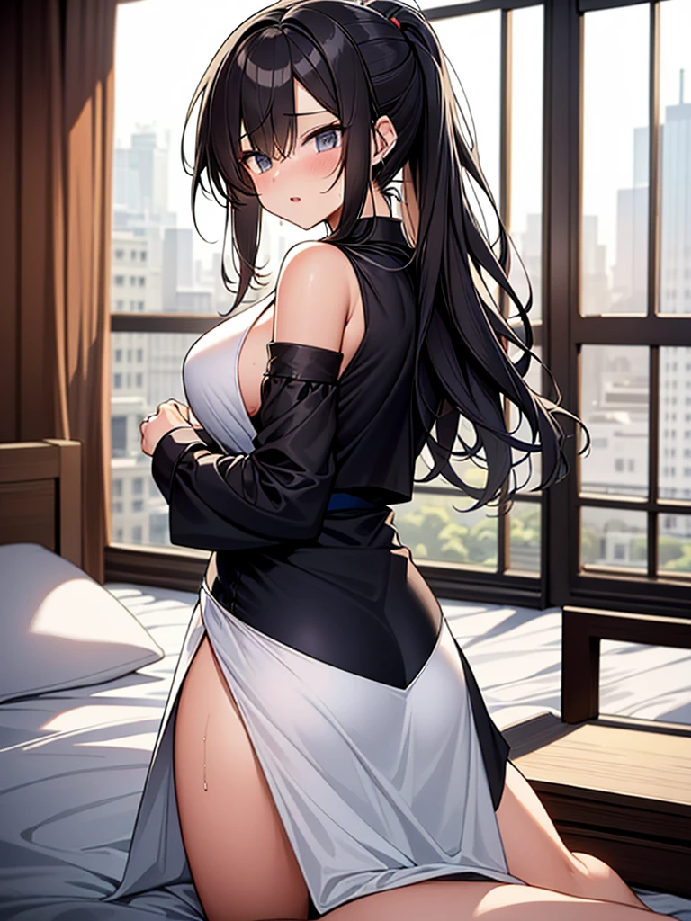 NSFW:1.9 Solo 全naked:1.9. Close your eyes tightly:1.9 Feeling good and screaming On the hotel bed White sheets Sweat Back sex:1.9、surprise:1.9 Big breasts Blushing Ponytail:1.9 背のexpensive女性:1.9 Short black hair in a ponytail:2.4 Straight hair Hair tie Sweep bangs to the side:1.9. Slanted Eyes, Brown eyes, expensive, Strong-willed, beautiful、adult、naked