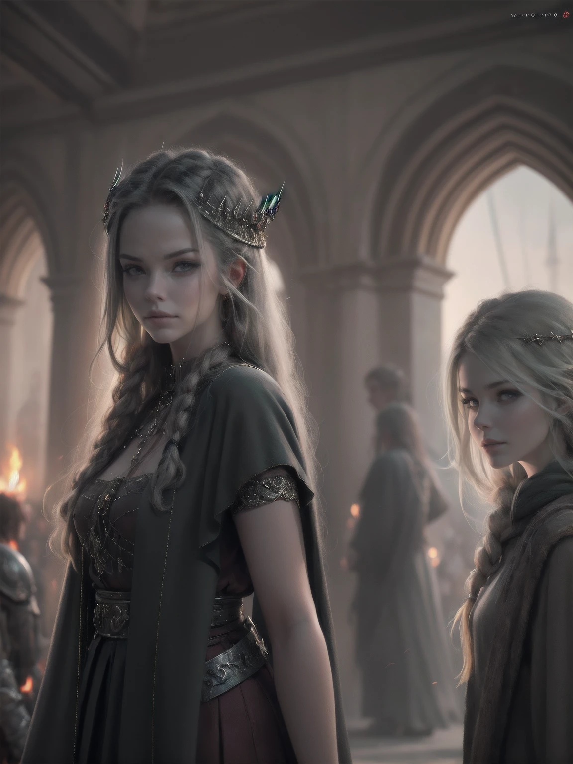 {-erro_de_anatomia:1.0} woman 30 years old, north,viking clothes, (nordic dress), dark castle, a woman (lagherta), very long brown hair (blonde highlights), (gray eyes) . Indifferent look , merciless. among the gods, dinamic poses, egoist smile, upper body, angry face