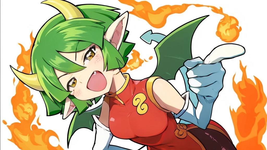 anime、Blue Hair、Plump、Big Breasts、Jagged teeth、Double teeth、Tight-fitting suits、Ahoge、Thick eyebrows、Red eyes、Bodysuits、short hair