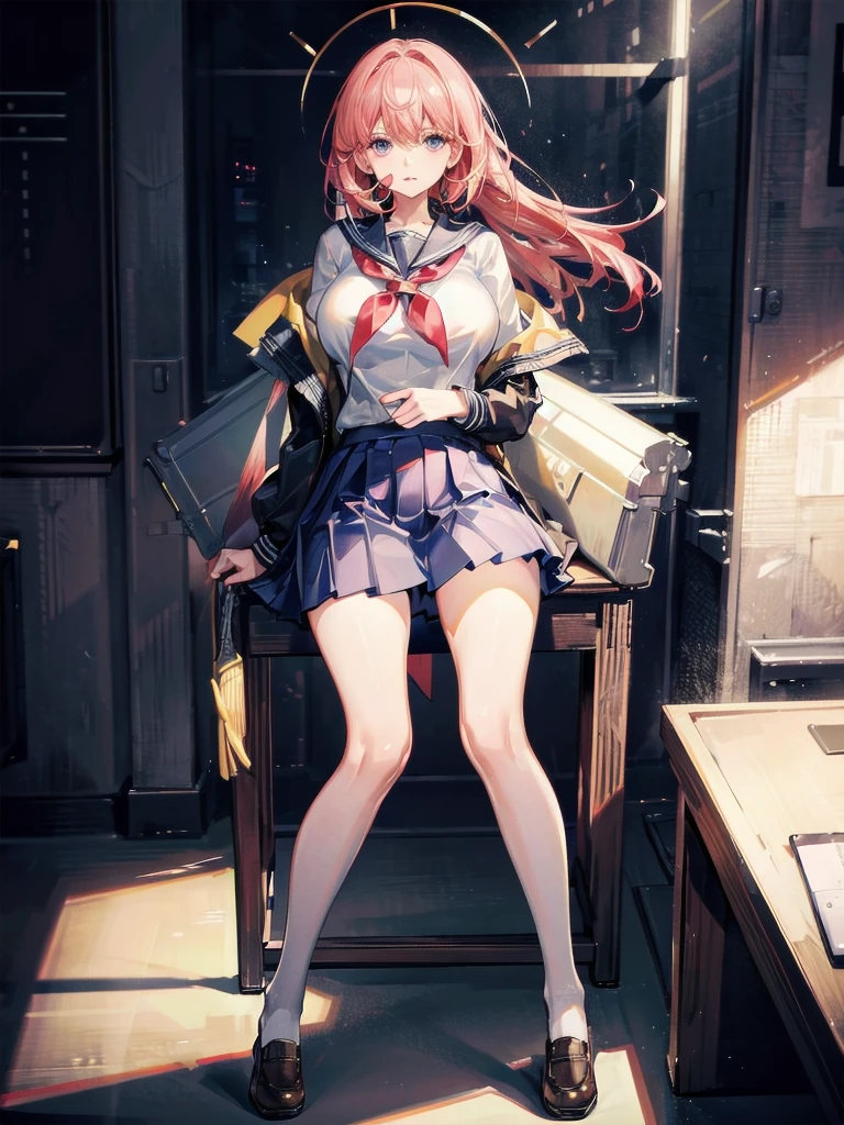 absurdres, RAW photo, extremely delicate and beautiful, masterpiece, Best Quality, ultra high resolution, 32k, hyperrealistic, ultra-detailed, very huge round breasts, whole body shot, short skirt, (school_uniform:1.2), bare legs,