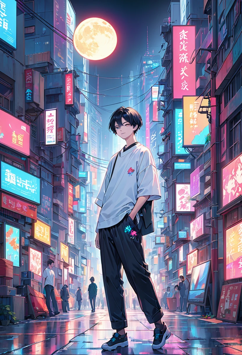Set the background as a cyberpunk-themed cityscape at night. The boy stands amidst the vibrant chaos of a bustling city, with the following elements:

	•	Skyscrapers and urban scenery filled with neon lights and electronic billboards.
	•	Bright neon signs and colorful lights flooding the city.
	•	Shadows of people walking in alleys and sidewalks, adding to the urban hustle.
	•	Drones and hologram advertisements floating in the sky, enhancing the futuristic atmosphere.

The boy’s outfit is simple and includes:

	•	A plain shirt and pants.
	•	A moon motif accessory, symbolizing his identity as the god of night.

The colorful and lively background contrasts sharply with the monochrome depiction of the boy, making this contrast stand out. The boy’s appearance is as follows:

	•	He has a baby-faced, androgynous look.
	•	His build is slender, giving a delicate impression.
	•	His expression is one of enlightenment yet resignation, suggesting a profound understanding paired with a sense of giving up.
	•	The monochrome representation of the boy contrasts vividly with the colorful background, highlighting his presence.

Based on this prompt, you will create a striking illustration that captures the solitary god of night standing amidst the vibrant hustle of a cyberpunk city, creating a visually and emotionally impactful scene.カウボーイショット、コンセプトアート、レンズフレア