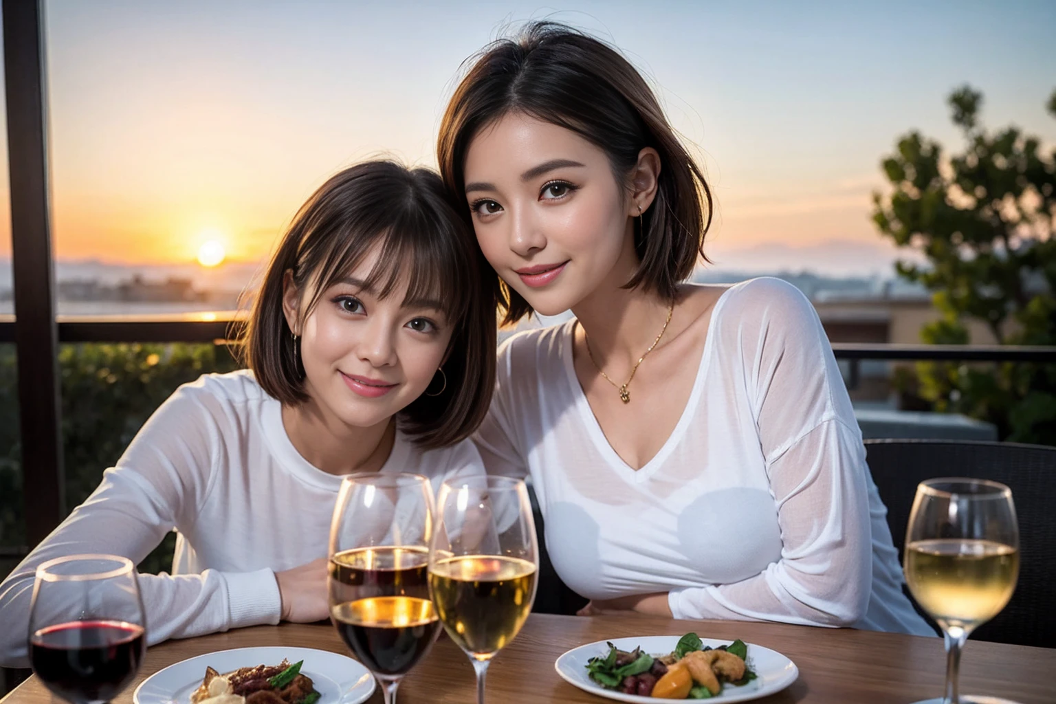 （Realistic:1.2）,(masterpiece,Highest quality)，8k,((men and women)),Age 35,37 years old、最高のsmile、Happy Couple, Full course dinner at the table、Wine Party、wine glass、White wine、sparkling wine、red wine、Upper Body、Tight waist,Perfect Anatomy, Brown Hair, short hair,Random Hairstyles,Amazing view of the sunset sky and clouds、Long sleeve shirt、dress,((Highly detailed face and eyes:1.2))(Cute Face:1.4)，Beautiful actress face，Perfect golden ratio face，woman&#39;suit、Nice,(smile:1.2)、
