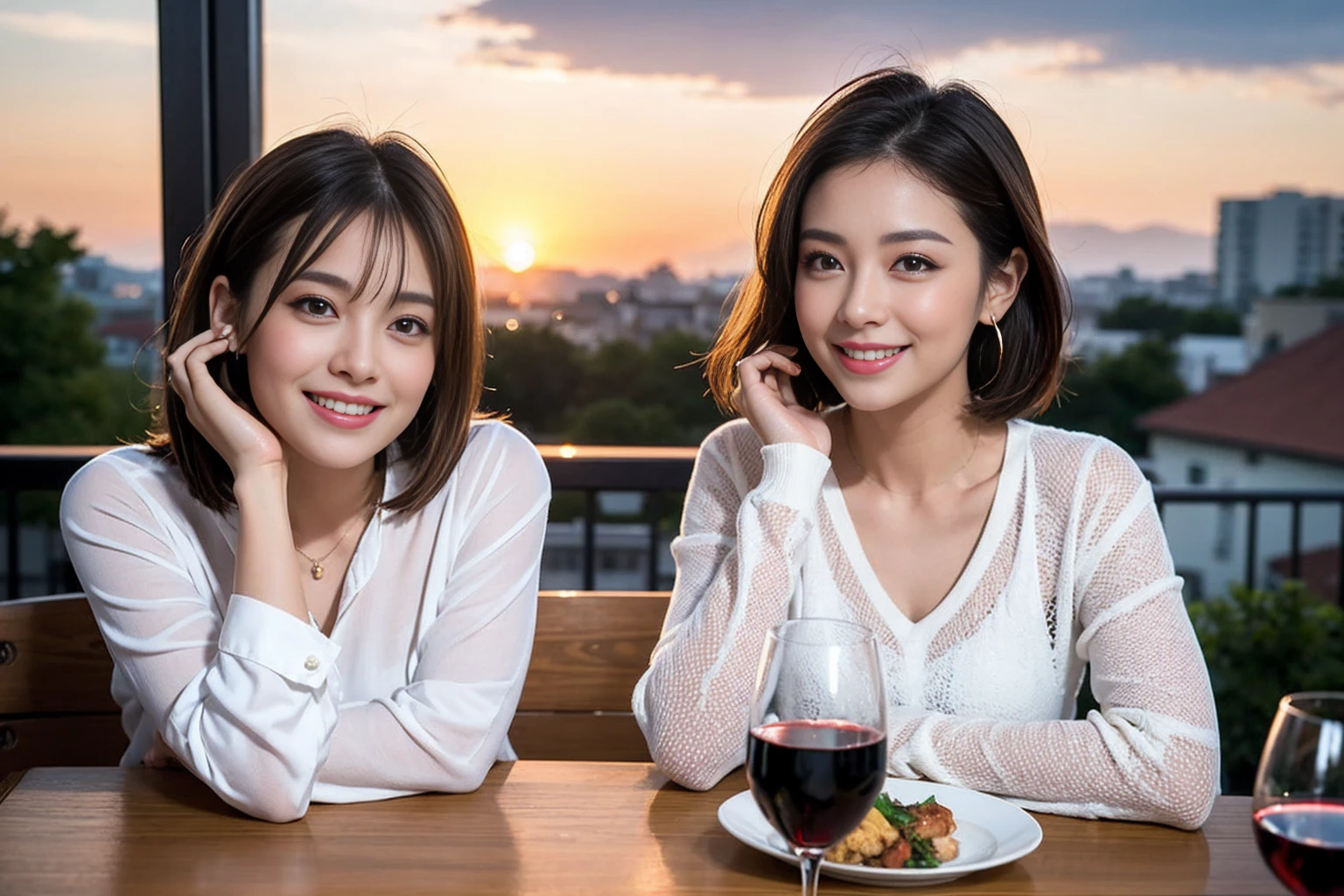 （Realistic:1.2）,(masterpiece,Highest quality)，8k,((men and women)),Age 35,37 years old、最高のsmile、Happy Couple, Full course dinner at the table、Wine Party、wine glass、White wine、sparkling wine、red wine、Upper Body、Tight waist,Perfect Anatomy, Brown Hair, short hair,Random Hairstyles,Amazing view of the sunset sky and clouds、Long sleeve shirt、dress,((Highly detailed face and eyes:1.2))(Cute Face:1.4)，Beautiful actress face，Perfect golden ratio face，woman&#39;suit、Nice,(smile:1.2)、