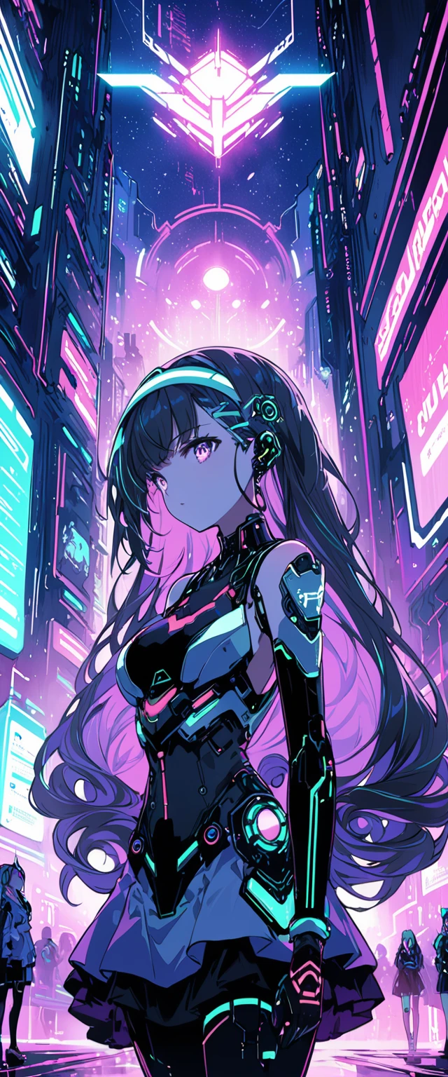 Anime girl wearing a dress and headband standing in front of a building, curly long hair, digital cyberpunk anime art, Digital Cyberpunk - Anime Art, anime cyberpunk art, cyberpunk anime girl, cyberpunk anime girl mech, anime style 4k, Best Anime 4K Kona-chan Wallpaper, cyber high school girl, cyberpunk anime art, portrait anime space cadet girl, future anime girl, Dreamy cyberpunk girl