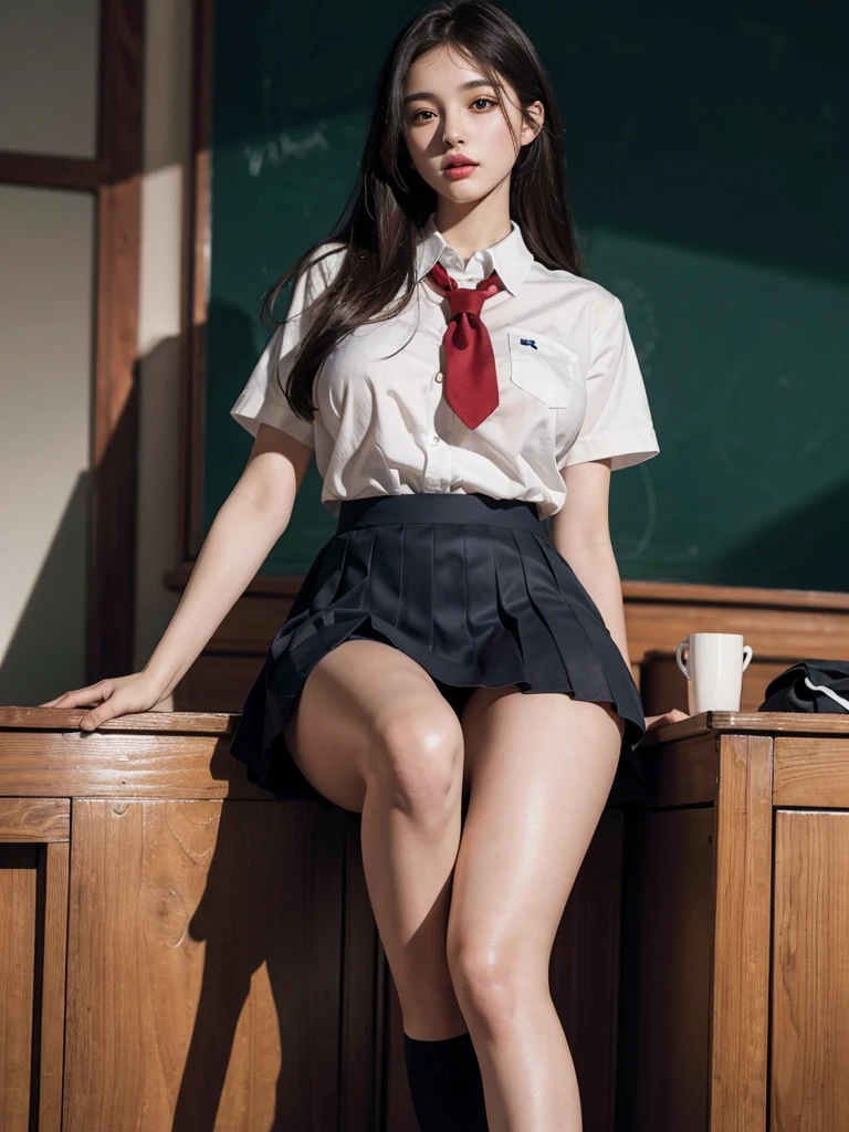 absurdres, RAW photo, extremely delicate and beautiful, masterpiece, Best Quality, ultra high resolution, 32k, hyperrealistic, ultra-detailed, very huge round breasts, whole body shot, short skirt, (school_uniform:1.2), bare legs,