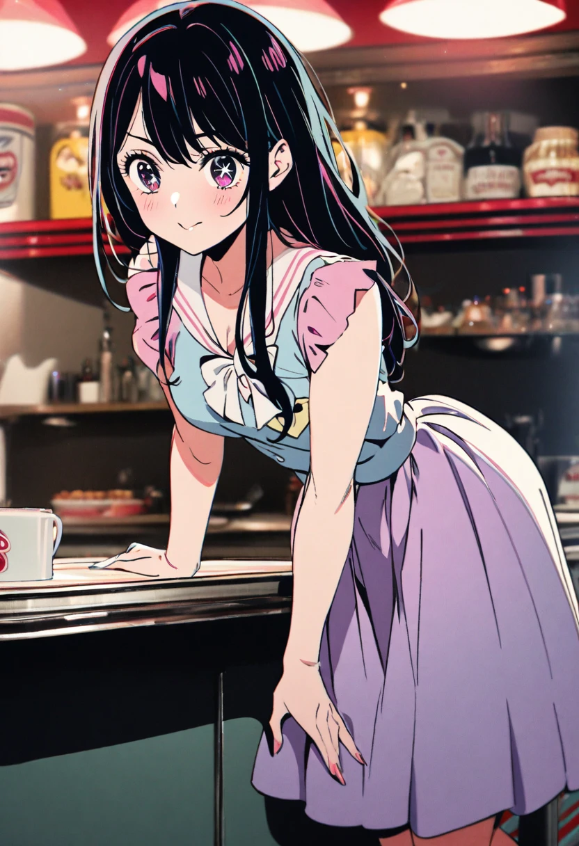 1girl, hoshino ai \(oshi no ko\), oshi no ko, technicolor, 1950s style dress,put hand on the counter,gravure posing, retro diner,masterpiece, best quality, absurdres,