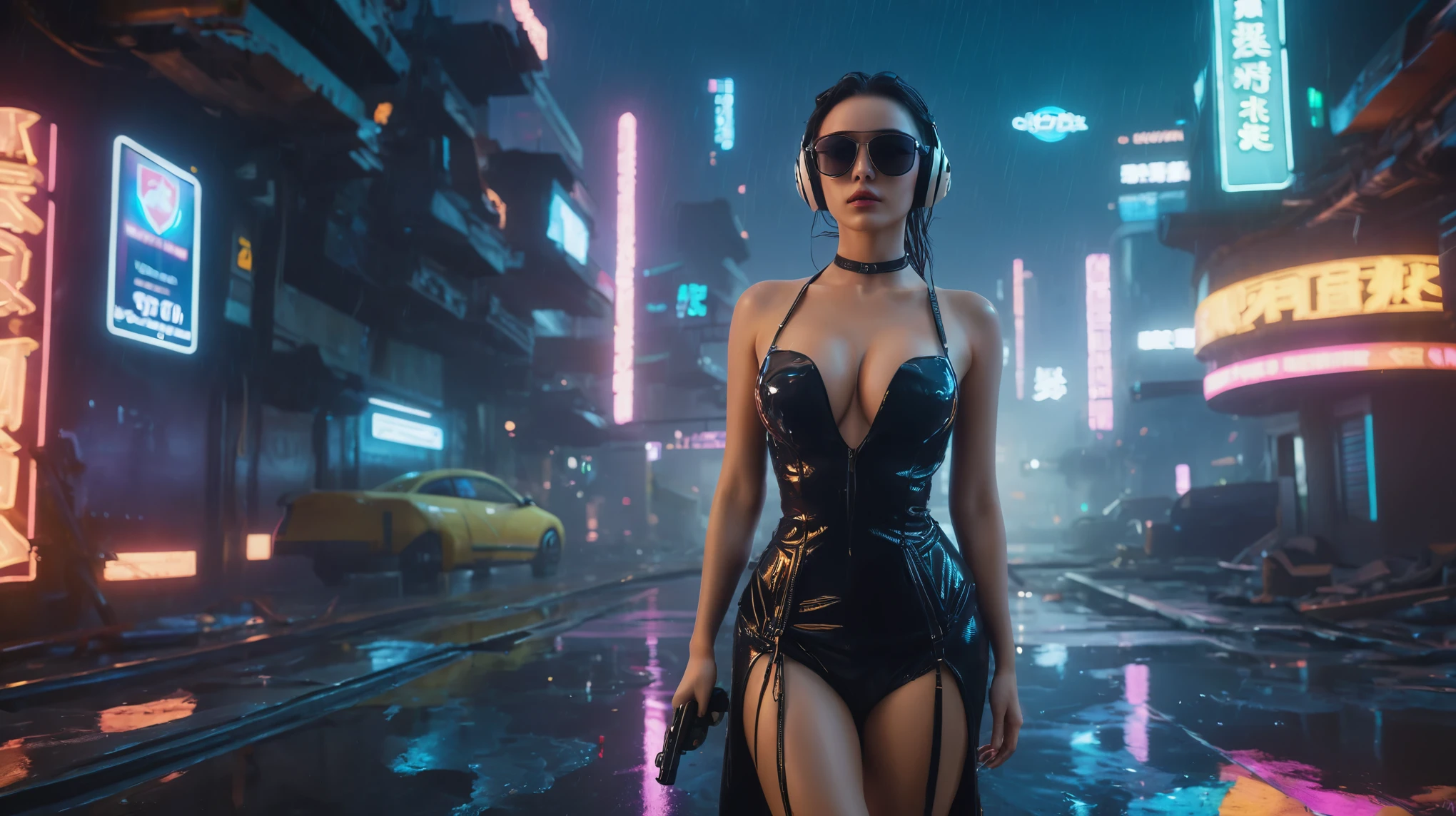 (aerial view), (a flying cars docking platform), a very dark abandoned futuristic city, neon lights, rainy night. 1girl, solo, alone, large-breast:1.2 slim body, cleavage:1.1, sexy wind blowing wet dress:1.4, headphone, (black sunglasses), (((she raised a pistol:1.8 and shot:1.8 the viewer))), dynamic pose, (half-body thigh level medium shot), cinematic lighting, lens flare, ray tracing.