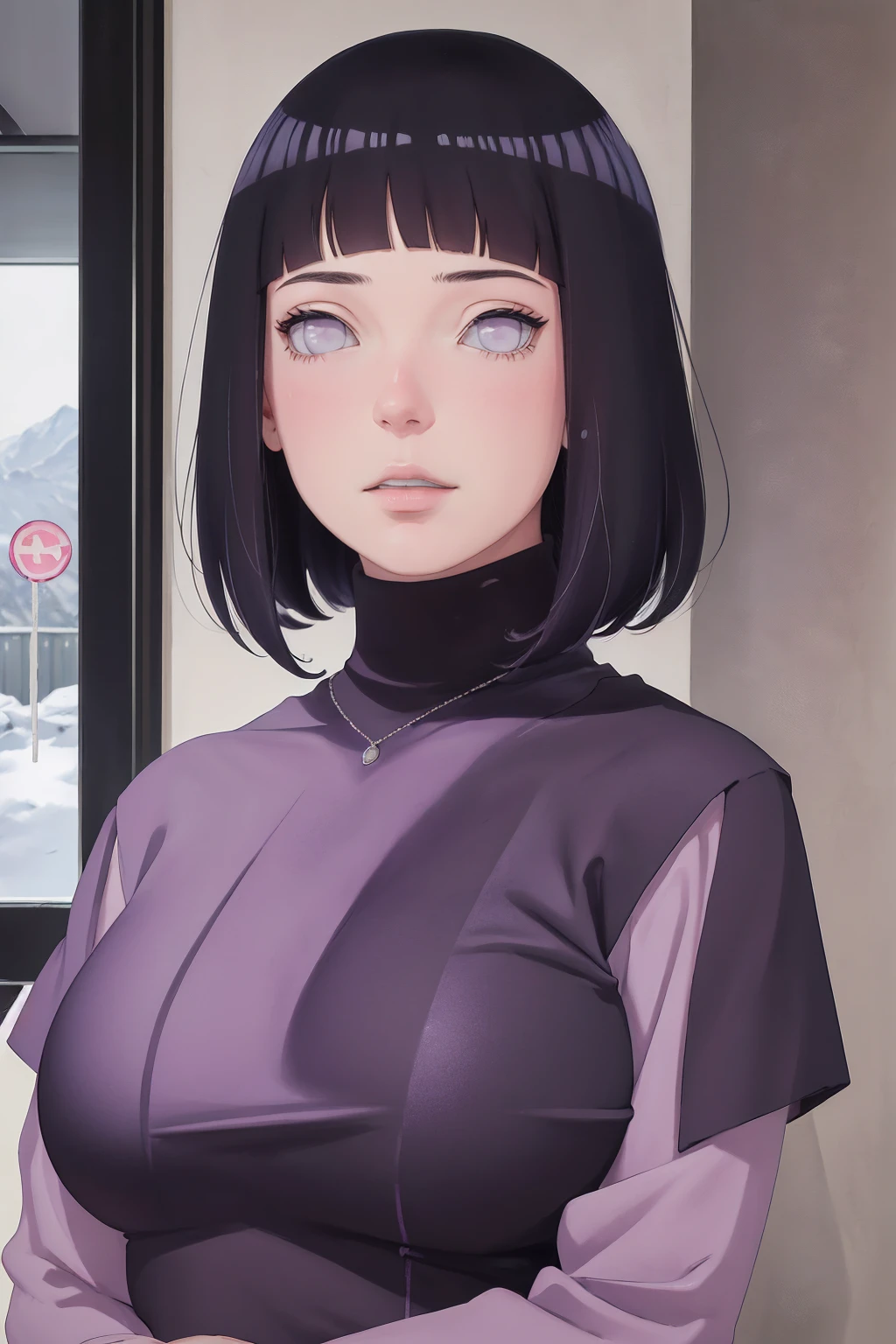 { - anatomy error} (Masterpiece - Ultra-detailed, very high resolution) (hinata\(boruto\), 1girl, solo,mature female, lilac turtleneck blouse, black pant , looking at viewelling , perfect composition, detailed lips, big breast, beautiful face, body propotion, blush, (pink lips), short hair, (black hair), purple eyes, soft gaze, super realistic, detailed, photoshoot, realistic face and body, closed mouth , lilac eyes, full body, upper body , walking, inocent face