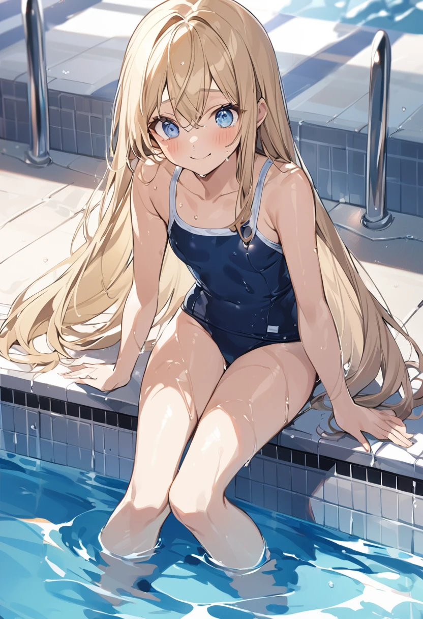 、Poolside、Blonde Hair、Long Straight Hair、The trendy navy blue school swimsuit、American、18-year-old、Wet with water、Blue Eyes、A shy smile、Are thin、super style、A strong-eyed face