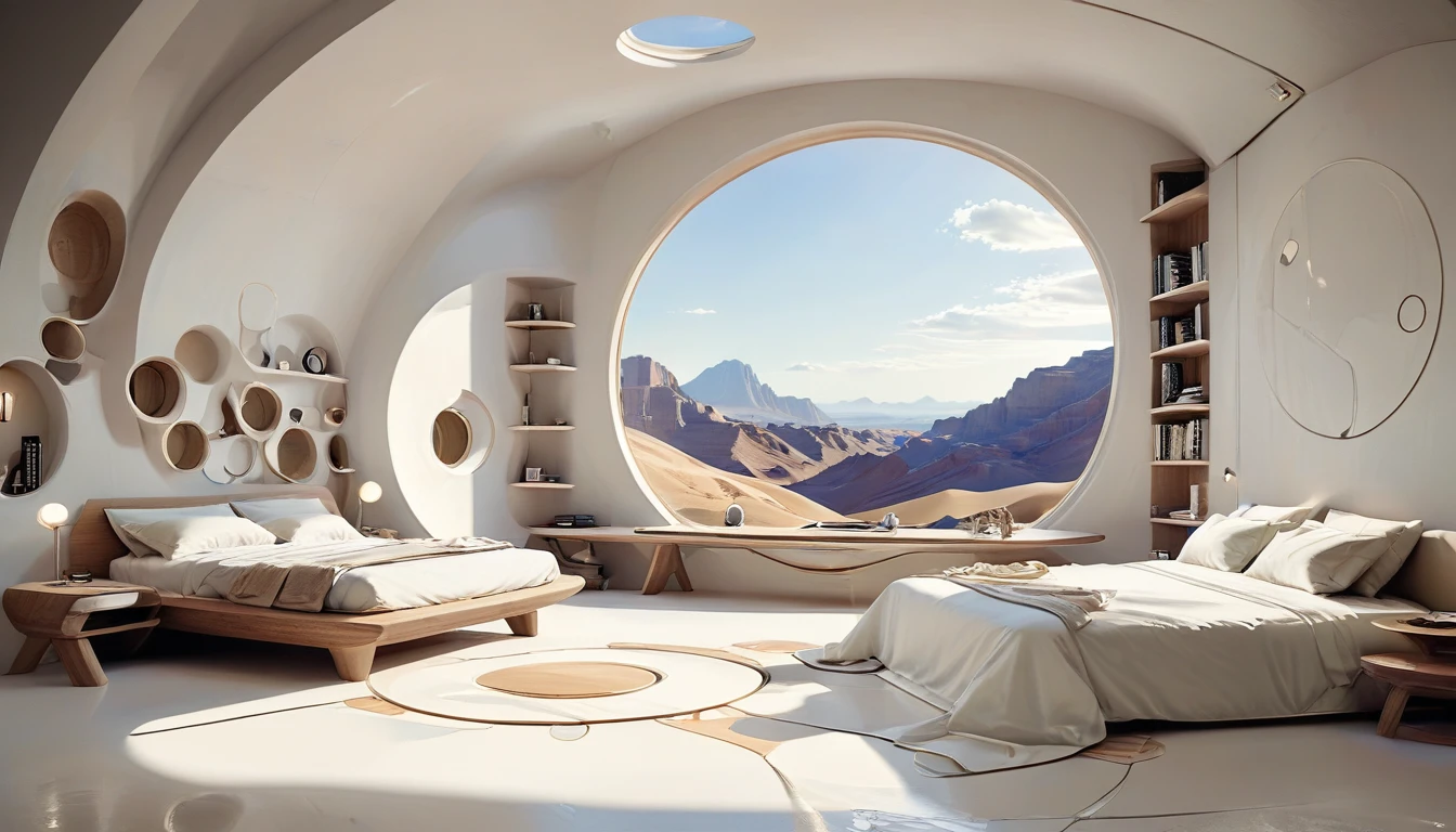 Futuristic home bedroom study concept incorporates organic fluidity、Circles and geometric shapes,Use your artistic imagination to draw houses and landscapes, Pure white technology style,Wide々A spacious interior, wabi-sabi style.