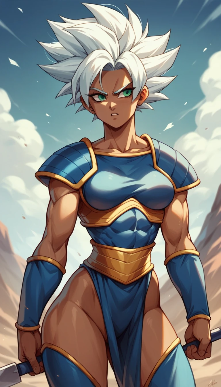 Saiyan, white hair combed back, green eyes,slim, thin waist, wide hips, brown skin color, medium breasts, blue saiyan armor, standing on a battlefield, looking seriously