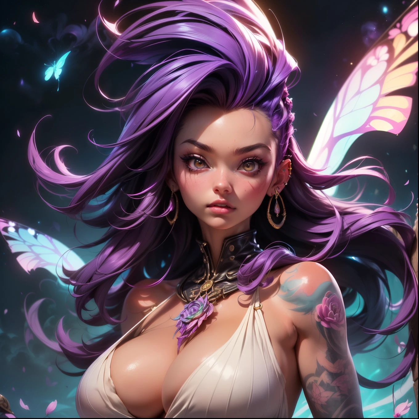(masterpiece, top quality, best quality, official art, beautiful, cosmic, atmospheric, psychedelic, dreamlike and aesthetic:1.2), (1girl, purple punk rock mohawk hair, tons of tattoos and piercings, super huge enormously gigantic tits), extreme detailed,(fractal art:1.3),colorful,highest detailed, cherry blossoms and butterflies blowing in the wind