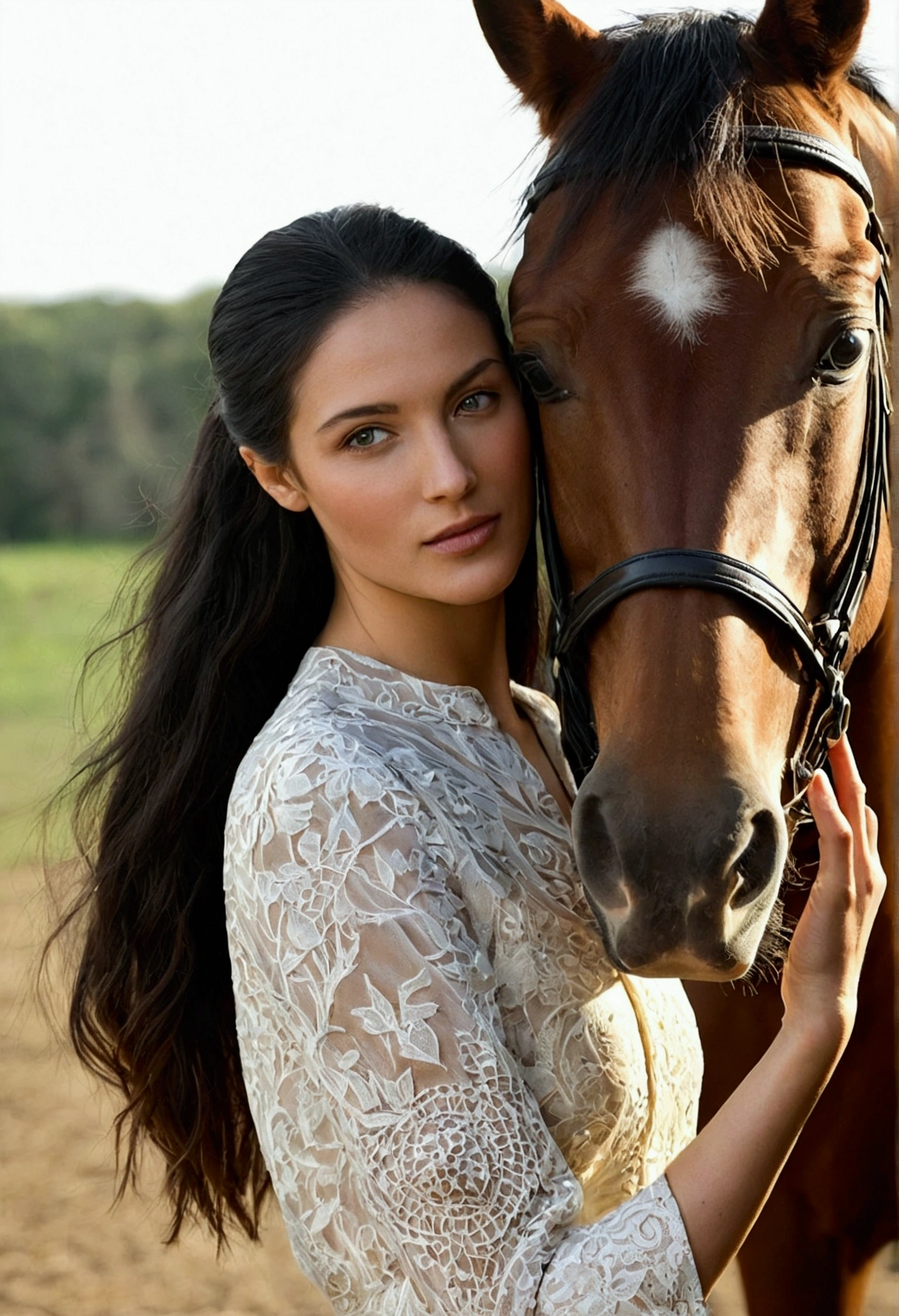 woman holding a horse