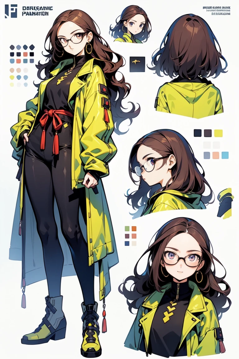 Video game character design, Draw with line drawing, Multiple points of view, Best Quality,Masterpiece,high resolution, female, collage ((character concept art)), character design based on the last airbender avatar franchise, Detailed woman with pale skin.,long hair, illustration,realist,harmonious colors,natural lighting, fire nation clothes but futuristic, multiple views, Multiple images of the same character in one outfit, trench coat, round lenses