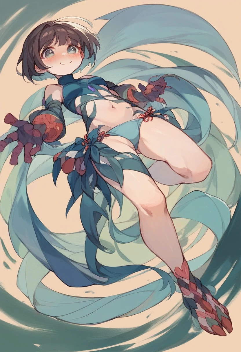 muste piece、highest quality、An illustration、Super fine、Fine、High resolution、8k wallpaper、perfect dynamic composition、(((Full body Esbian)))、((from below))、20 year old pretty girl、detailed beautiful face、Detailed and cute eyes、fine-textured skin、flushed cheeks、shy、(short cut hair:1.3)、(Wavy brown hair)、small breasts、bold sexy pose、smile、(No sleeve、Navel exposed、fitted turtleneck)、hot pants string street、small breasts、between the legs、Small ass、thin butt、Please generate above the eaves.、thin shoulders、In underwear、