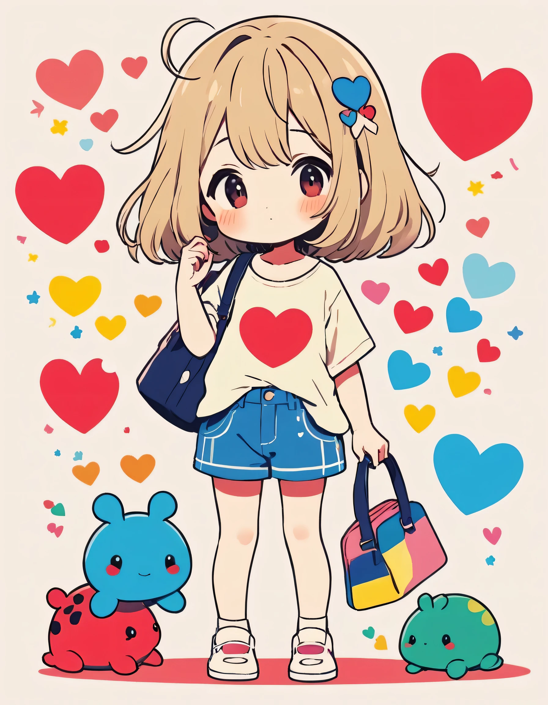 Makoto Shinkai colorful style, Simple Line Initialism,Abstract art,Kawaii Design, The most beautiful girl of all time、chibi, Summer Fashionable Clothes, (((Cute pillbugs))), colorful hearts