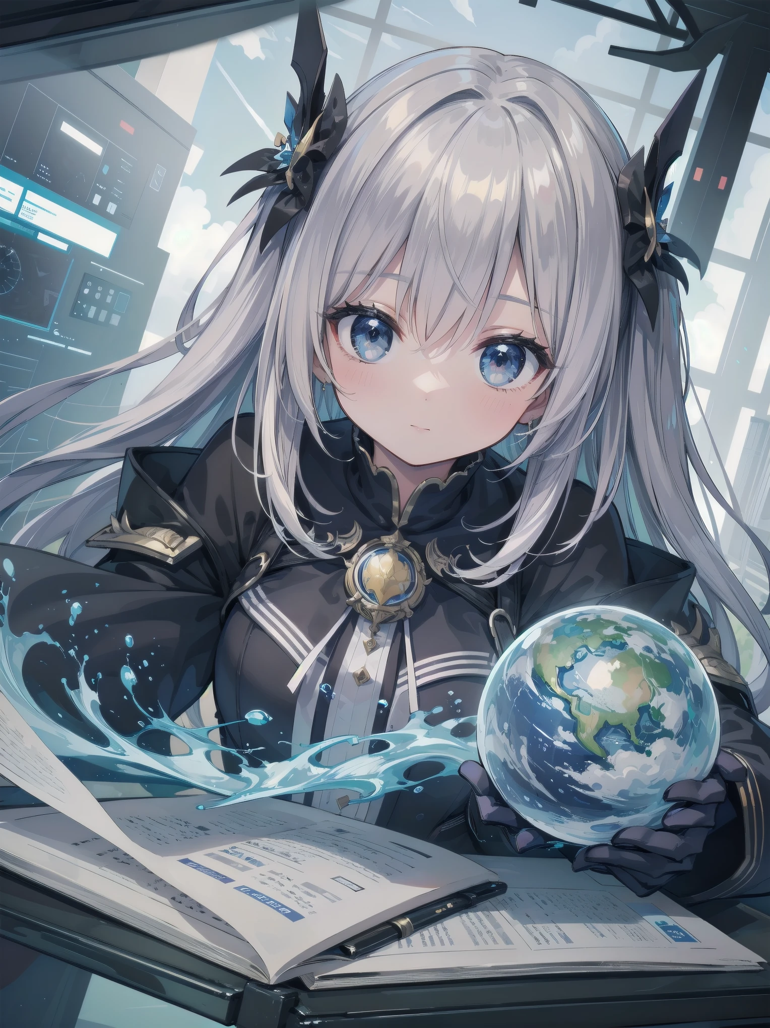 Masterpiece, illustration, high quality, 100 trillion ppi, high quality, dynamic angle, "student looking into silver sphere", silver sphere, looking into, curious, expectant, student, official art, super detail