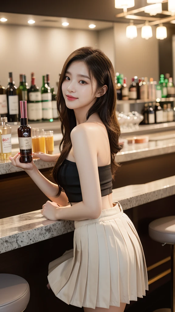 beautifully, masterpiece, beautiful details, fancy, fine details, delicate lips, intricate details, , 1 woman, (20-year-old Korean beauty: 1.1), (Korean pop idol, Korean Mixed Race), (50mm sigma f/1.4 ZEISS lenses, f1.4, 1/800s, ISO 100, photography:1.1), (get dark: 1.2), (lifelike:1.4 ), (pleated skirt,strapless tank top:1.3), (선bar, bar:1.2), (漂亮的leg, tall woman, thin, slim_leg, 大leg_gap, Model:1.2), lens flare, ~ ~ before, (happy expression: 1.1), dynamic pose, (cosmetics: 1.2), sitting on a bar stool,