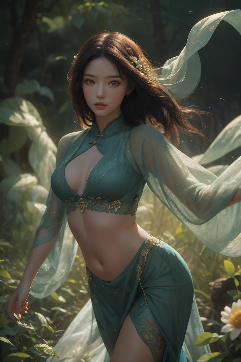 zhongfenghua, 1 Boy, solo, Hanfu, ancient_Chinese_architecture, Flower Field, flowering, (White smoke:1.3) (Realistically:1.4), Zen entanglement, Mandala, Entanglement, Official Art, Unity 8k Wallpaper, Extremely detailed, Pretty and beautiful, masterpiece, Best quality, (Dynamic Angle:1.4), Radiant Skin, (Floating colored flashes:1)The most beautiful form of chaos,grace,Brutalist design,Bright colors,Romantic Depth of Field_dance