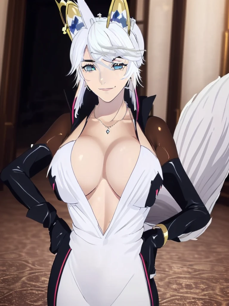 great quality ++ Extremely detailed high resolutionolution, very aesthetic, expressive eyes, (((Perfect face))), (((face symmetrical))), ((good anatomy)), (((perfect hands))), (((8k))), UHD, hd wallpaper, (((detailed high cal, (((((1girl)))))), only, Masterpiece, The best quality, high resolution, Highly detailed, (illustration), Beautiful detailed eyes, ((((fullbody))), (((solo))), (((((koyan-la1))))), (((smiling))), (((fusion))), (((agglutination))), (((Combination))), ((((((((White hair)))))))), (((blue eyes))), (((ponytail))), (((jewelry))), (((necklace))), (((earrings))), only, jaeces, earrings, long hair, parody, (((scar))), (((scar ocular))), (((hair ornament))), (((whiter castle background))), (((hand on hip))), (((strolling))), Side ponytail, scar en la cara, (((Upper part of the body))), (((fox tail))), (((fox ears))), (((tiara))), (((jewelry))), (((earrings))), (((neckline trimming))),
