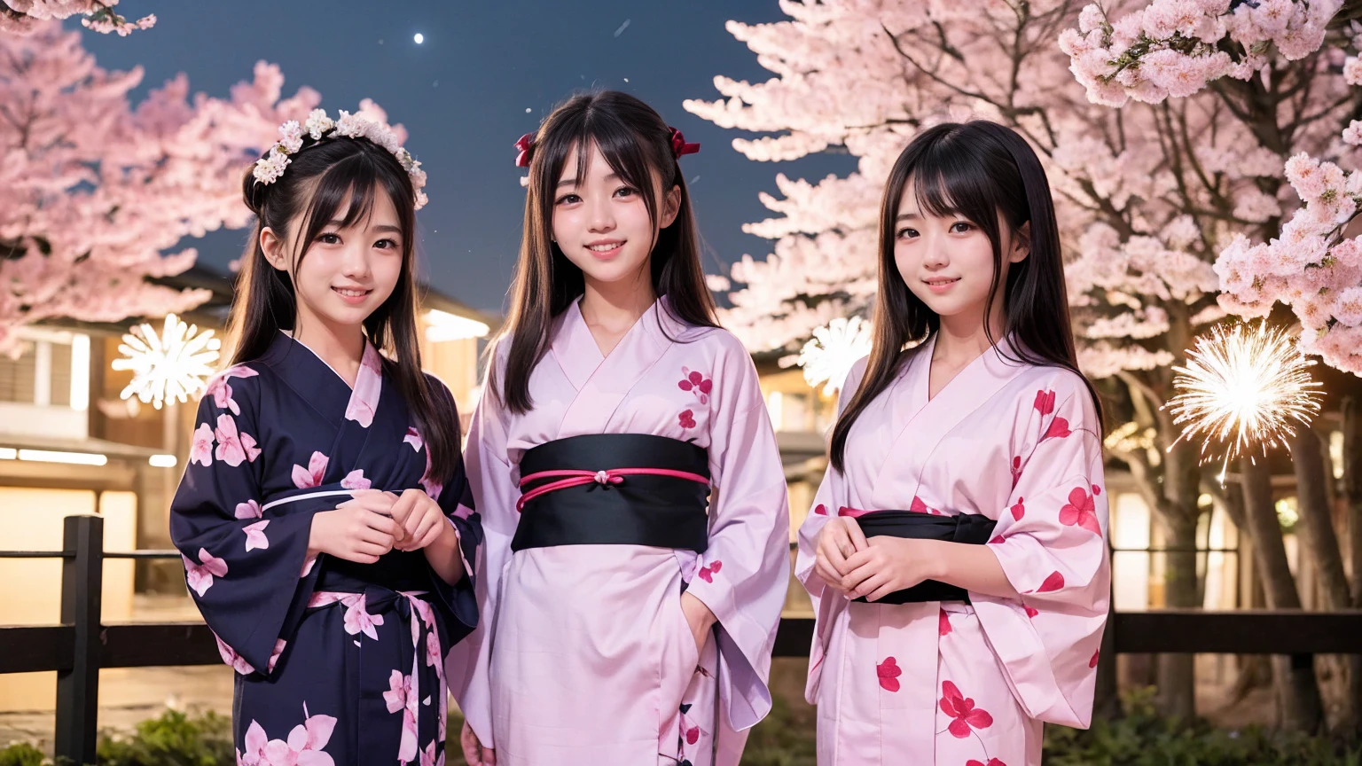 very cute、16 years old、((Two people))、girl、Straight Long Hair、((Beautiful Skin))、((Thin legs))、((Slim body))、((Mid-chest))、((yukata))、((firework))、((Night Sky))、((Cherry blossom trees))、yukataの胸元がはだけている、
