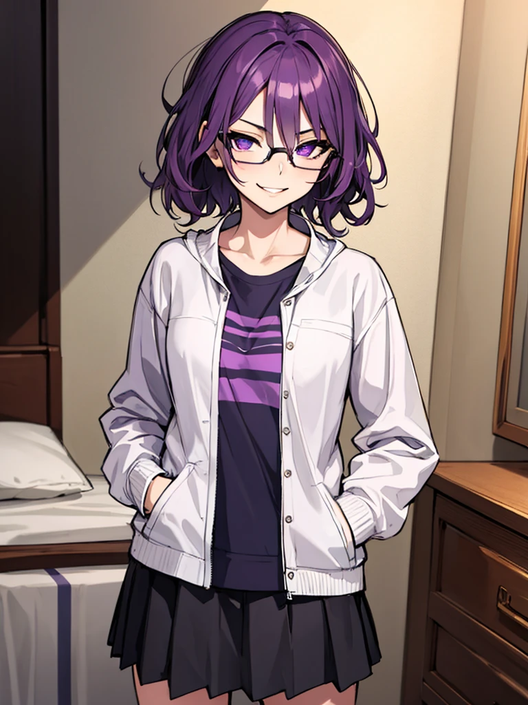 (masterpiece), best quality, expressive eyes, highres, best anatomy, cowboy shot, half body, 1girl, perfect face, perfect hands, female, short hair, messy hair, wavy hair, purple hair, side bang, purple eyes, fair skin, medium chest, slight smirk, purple glasses, casual wear, casual, shirt, jacket, skirt, 1girl, solo, hands in pockets, friendly, medium bust, bedroom,