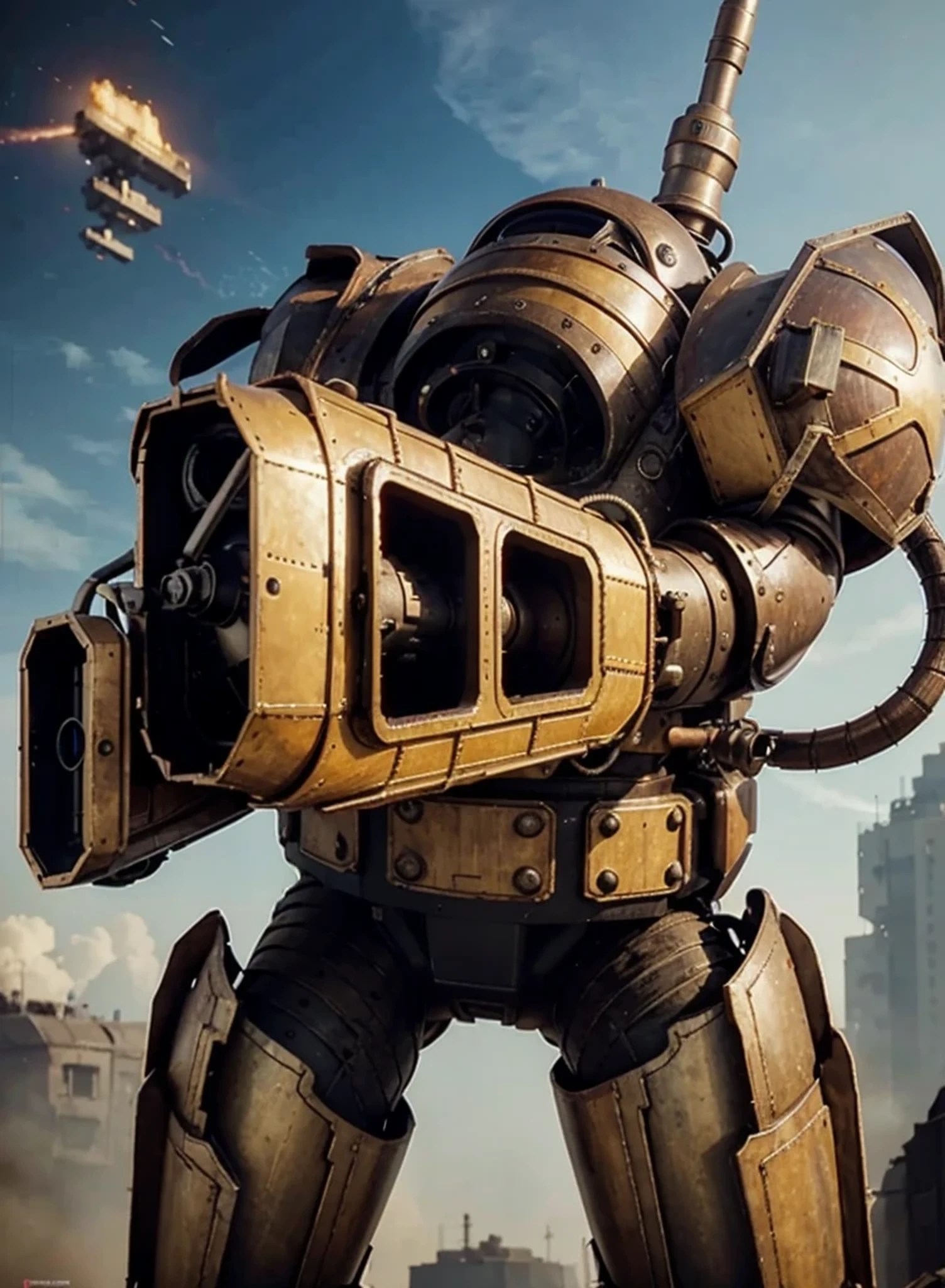 Dieselpunk style Soviet heavy robot, Soviet symbols, Matte brown metal armor, Pipes and cables, has an antenna on the back, Instead of hands it has cannons with electric sparks, this Ultra detailed burning Jungle, Jungle village, red sky, 4k, Ultra detailed image, realistic, Highly detailed, perfect composition, gorgeous, Intricately detailed, incredibly detailed, Art photography 8K, hyper detailed, Masterpiece