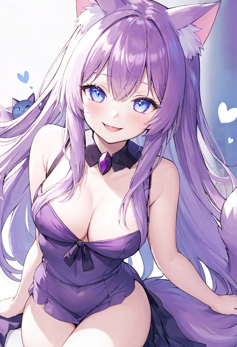 1girl, Blue eyes, Long Hair, Bangs, Purple Hair, Breasts, Smile, Blush, Light Smile, cat ears, purple cat tail