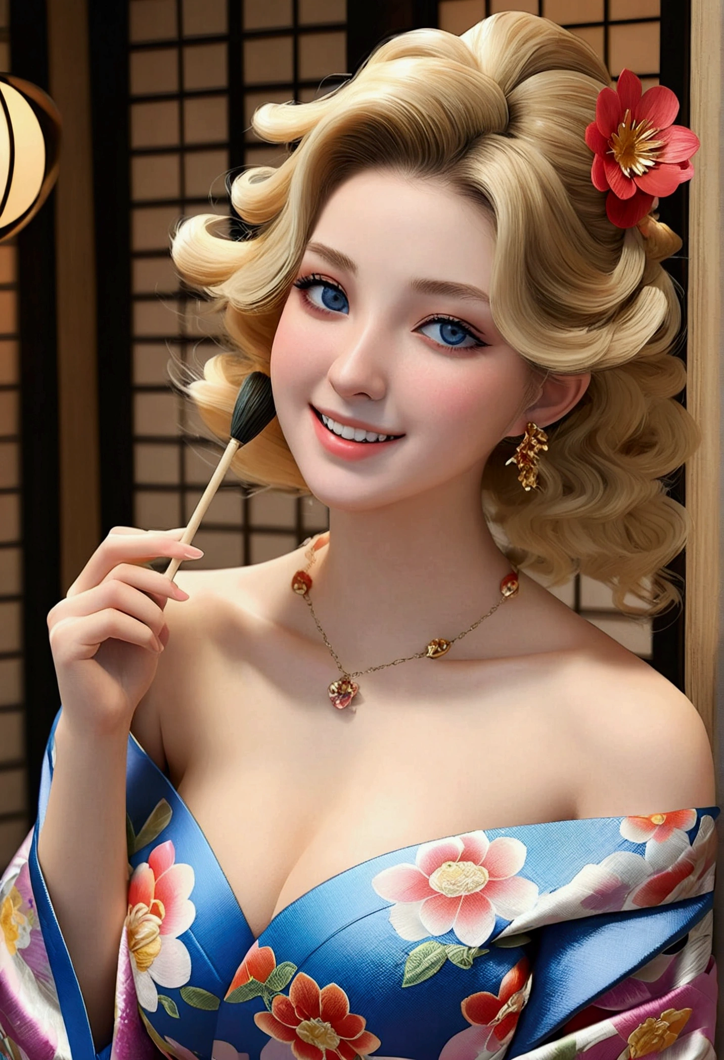 Realistic:1.8、blonde、Italian、Highest quality、1 girl、,Glowing Skin、Professional Lighting,Realistic、Perfect body、super high quality、Ultra-high Realistic image quality、Japanese、(Off-the-shoulder short length floral pattern kimono:1.6)、(Cleavage:1.5)、Tight waist、(blonde:1.3)、(Blurred Background)、(Grin)、、blue eyes、blonde、Tattoos all over the body、short hair、Hair tied up、Full body photo、Sexy Face、short hair、 A look of complete lust、(((masterpiece)))、((Highest quality))、((超Realistic))、成熟したwoman、成熟したwoman、perspective、Very detailed、The perfect temptation、Best image quality、Fine-grained image quality、beautiful、Europe, woman, French, woman Italian, Italian, smile、blue eyes、jewelry, blue eyes, Realistic, High resolution, Soft Light,Hip Up, Glowing Skin, (Detailed face),tattoo, jewelry, , night, blonde, Wavy Hair,attractive appearance, smile, Perfect Style, Perfect balance,
