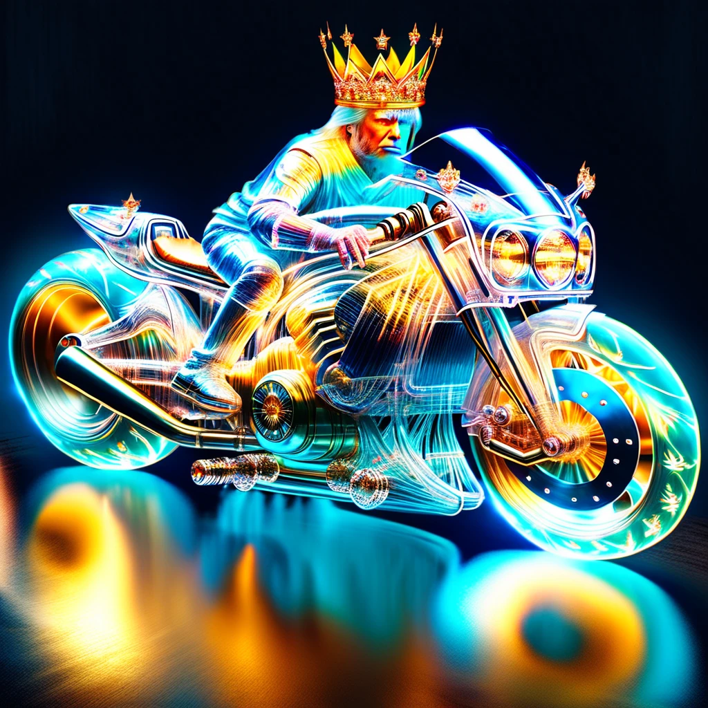 hyper detailed masterpiece, dynamic realistic digital art, incredible quality,transparentes,golden Donald Trump, wearing a small gold crown sitting on the motorcycle DonMSp3ctr4lXL