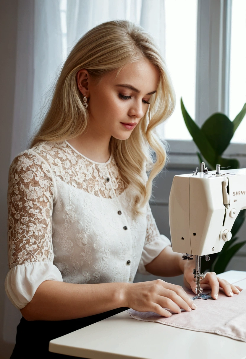 blonde drawing sitting at the sewing machine