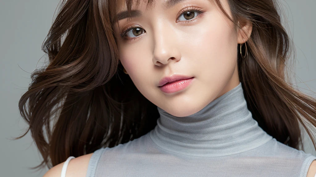 (Detailed face),vivid,chest,cute,Sleeveless and(turtleneck)White silky clothes,4K,Ultra-high resolution,（Photorealistic：1.7）,Gray background,Long Hair,