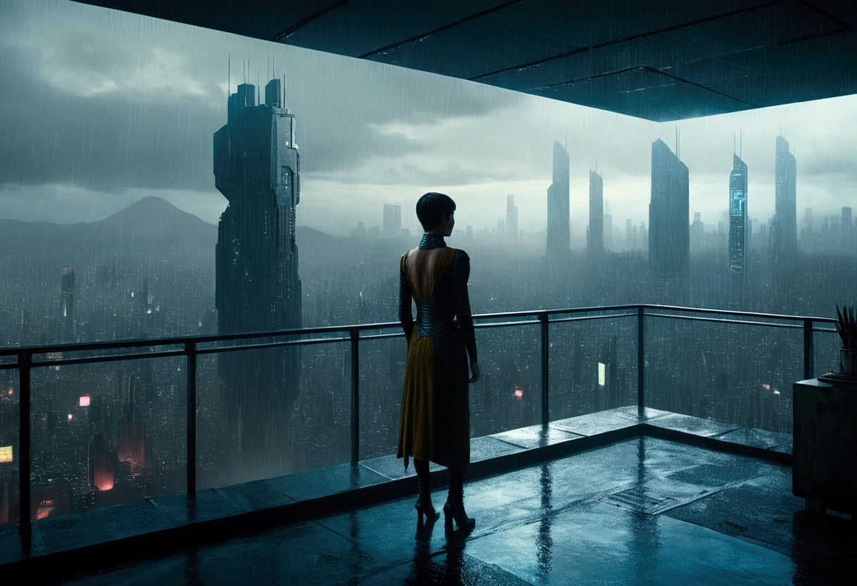 A realistic image of a futuristic city inspired by the movie "Blade Runner", with a woman standing on the terrace of a skyscraper overlooking the city. It is raining and the scene has a 16:9 aspect ratio (please include the terrace roof)), seen from three-quarter behind