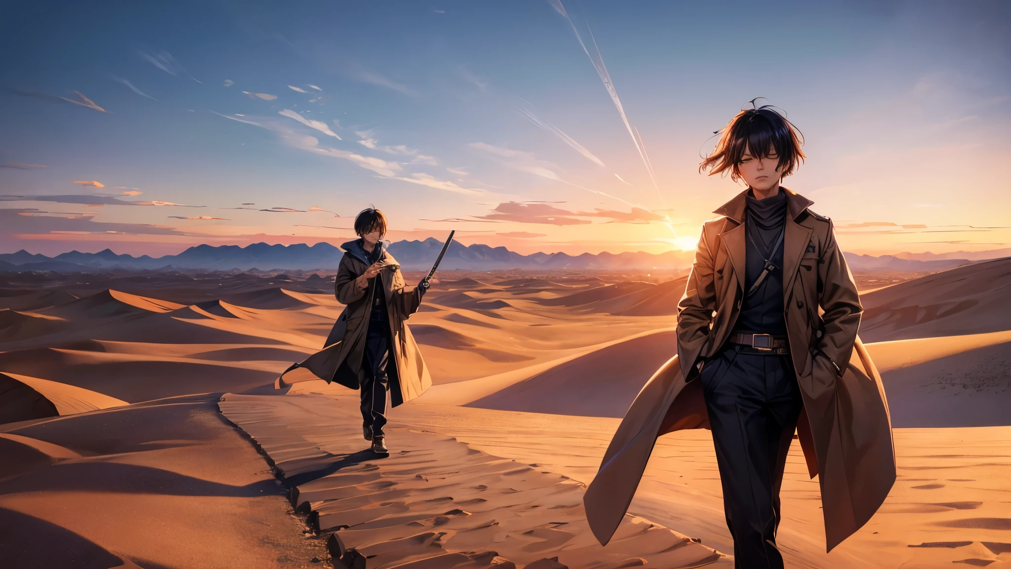 wilderness, desert, Wear a long coat, hard boiled, Sunset, Japanese sword, While walking, Playing the harmonica, Close your eyes, Good looking, Highest quality, From the front of the camera, short hair, To be alone, the wind is strong