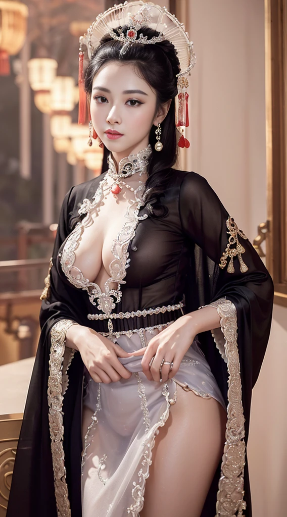 masterpiece, best quality, 1 girl, ((Large Breasts)， Long hair，(Siamese transparent black silk)，(On clothes，There are pearls)，Looking at the audience, (precise、Perfect face shape:1.3)，（Beautiful fingers），(Crotch front display)，Ultra HD，Ray Tracing,，reflected light， Correct structure，The award-winning，High Detail，Reduce shadow contrast，Facial lighting ，Cinema Lighting，masterpiece，Super Detail，high quality，High Detail， best quality，16K，High contrast，A young woman plays, Chinese Empress, yun ling, song nan li, , gujian,  zhao yun, Chinese Princess