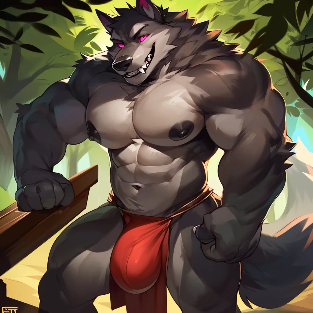 Solo, anthro, male (((wolf, werewolf, pink eyes, pink sclera, muscular, big pecs, black nipples, abs, dark grey fur, grey fur, long snout, canine teeth, sharp teeth, black lips, fangs, tusk, loincloth, big bulge))) standing, smirking, forest, park table, perfect anatomy, full body, by darkgem, by mystikfox61, by glitter trap boy