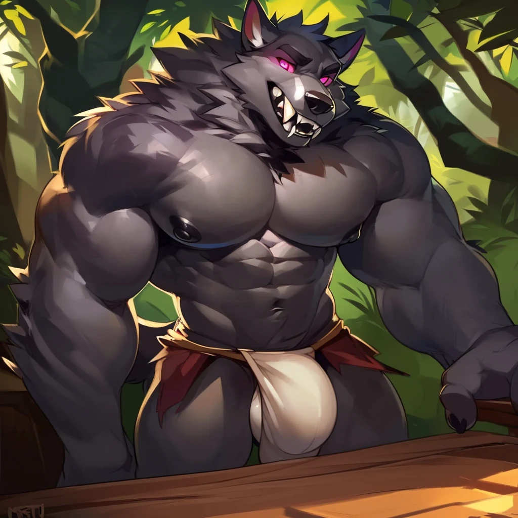 Solo, anthro, male (((wolf, werewolf, pink eyes, pink sclera, muscular, big pecs, black nipples, abs, dark grey fur, grey fur, long snout, canine teeth, sharp teeth, black lips, fangs, tusk, loincloth, big bulge))) standing, smirking, forest, park table, perfect anatomy, full body, by darkgem, by mystikfox61, by glitter trap boy