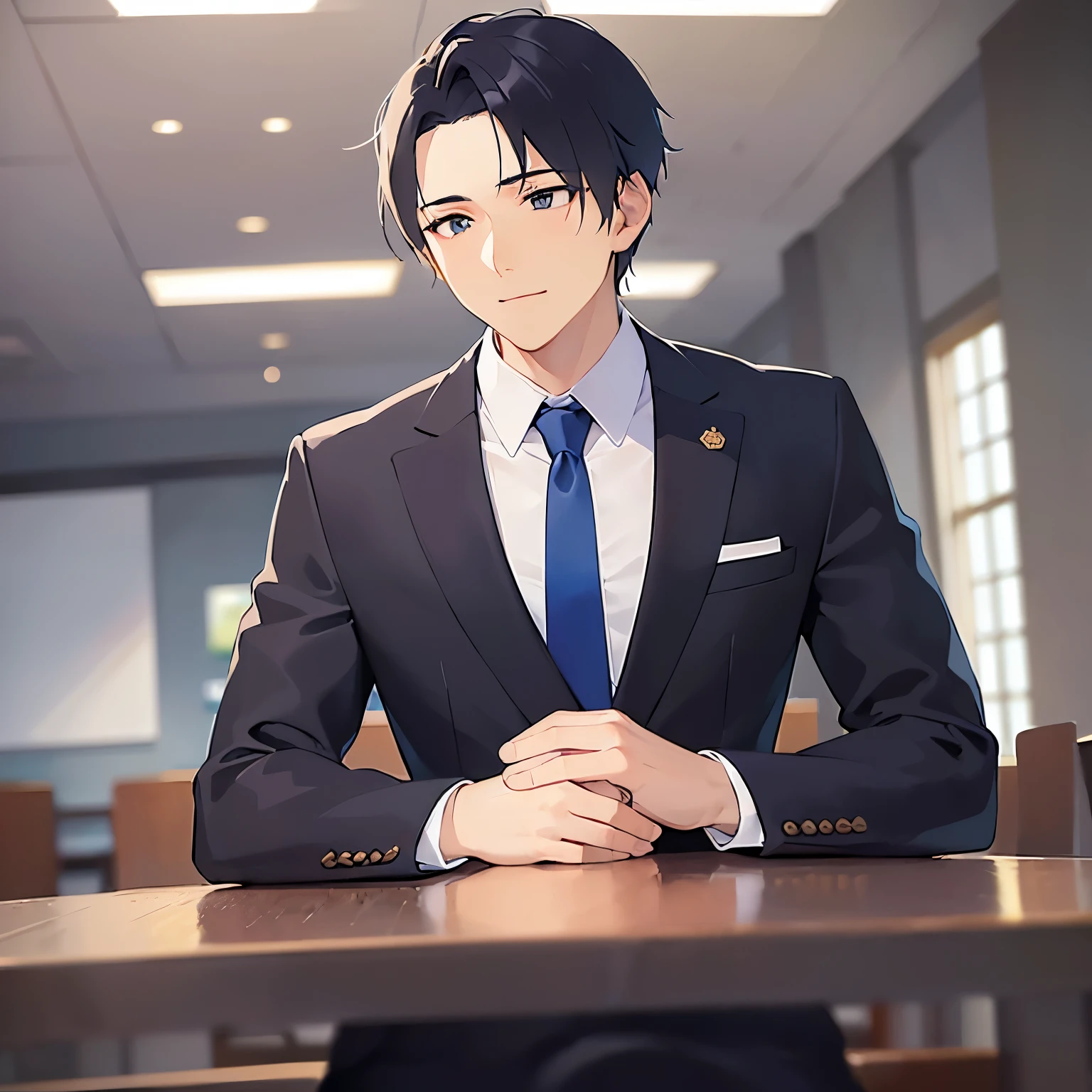 side angle, (looking away:1.5), upper body、masterpiece、Highest quality、(25-year-old male:1.5) and(Black short hair) and (blue eyes), (suit:1.5) and (Blue tie）、smile,, The background is the conference room、(Alone:1.5)、Upper body is shown