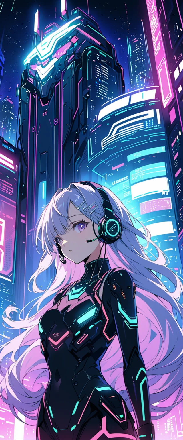 Anime girl wearing a body mecha suit and headset standing in front of a building, curly long hair, digital cyberpunk anime art, Digital Cyberpunk - Anime Art, anime cyberpunk art, cyberpunk anime girl, cyberpunk anime girl mech, anime style 4k, Best Anime 4K Kona-chan Wallpaper, cyber high school girl, cyberpunk anime art, portrait anime space cadet girl, future anime girl, Dreamy cyberpunk girl
