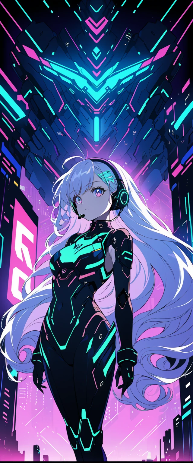 Anime girl wearing a body mecha suit and headset standing in front of a building, curly long hair, digital cyberpunk anime art, Digital Cyberpunk - Anime Art, anime cyberpunk art, cyberpunk anime girl, cyberpunk anime girl mech, anime style 4k, Best Anime 4K Kona-chan Wallpaper, cyber high school girl, cyberpunk anime art, portrait anime space cadet girl, future anime girl, Dreamy cyberpunk girl