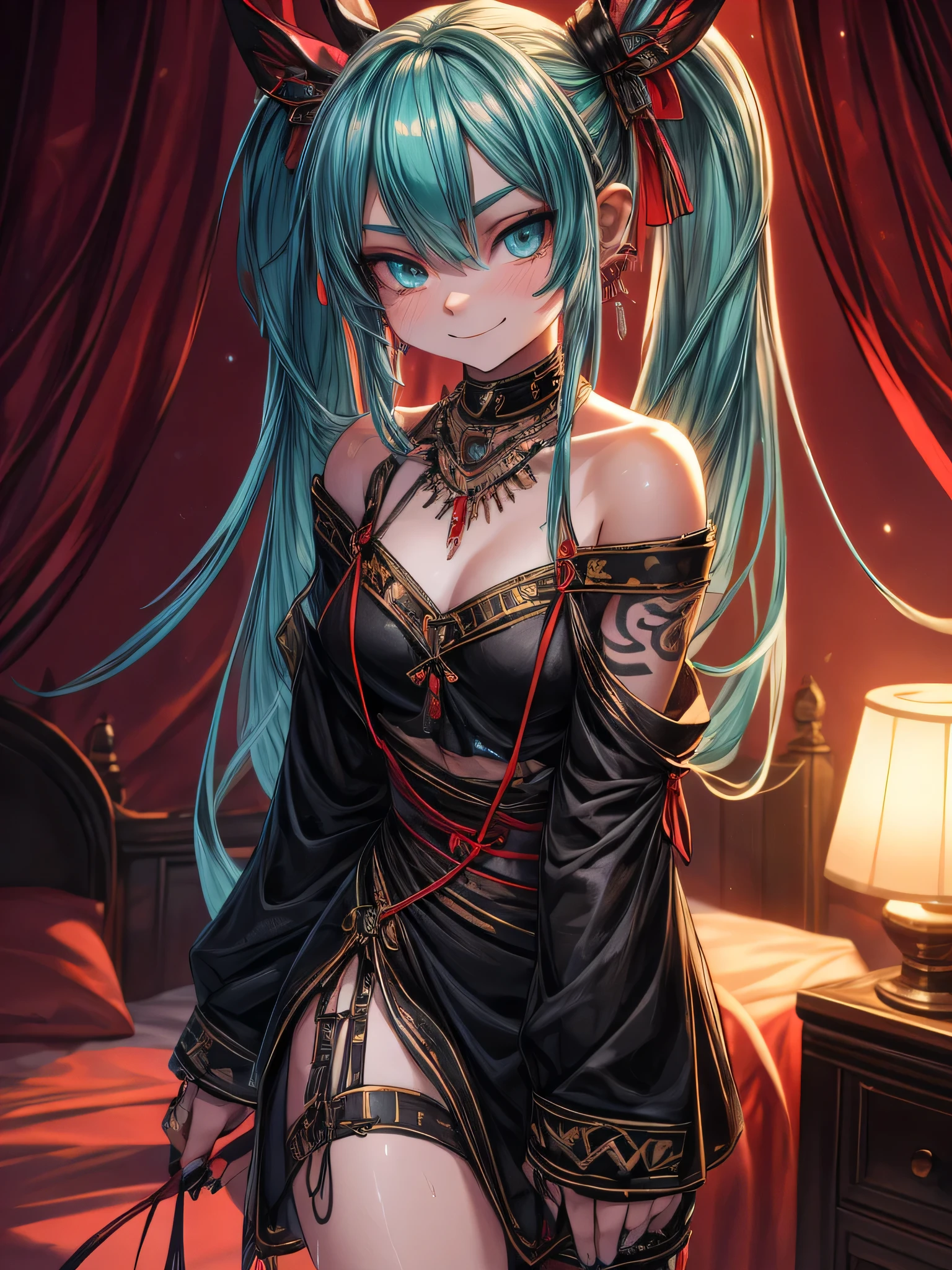 Miku Hatsune, add high definition_detail:1, tribal tattoo add_detail:1,put on the leg, Walking position during full moon showing her beautiful figure and outfit.. (black off shoulder blouse, mini ahort ) sweaty body add_details:1, smiling add_detailsl:1, ear piercing add_detail:1, cover position in bed add_detail, horny girl add_detail:1, seductive position add_detail:1, RED Saturation, photo style lighting add_detail:1, sensual bondage add_detail, very fine and detailed hands add_detail, cara angelical, mischievous look