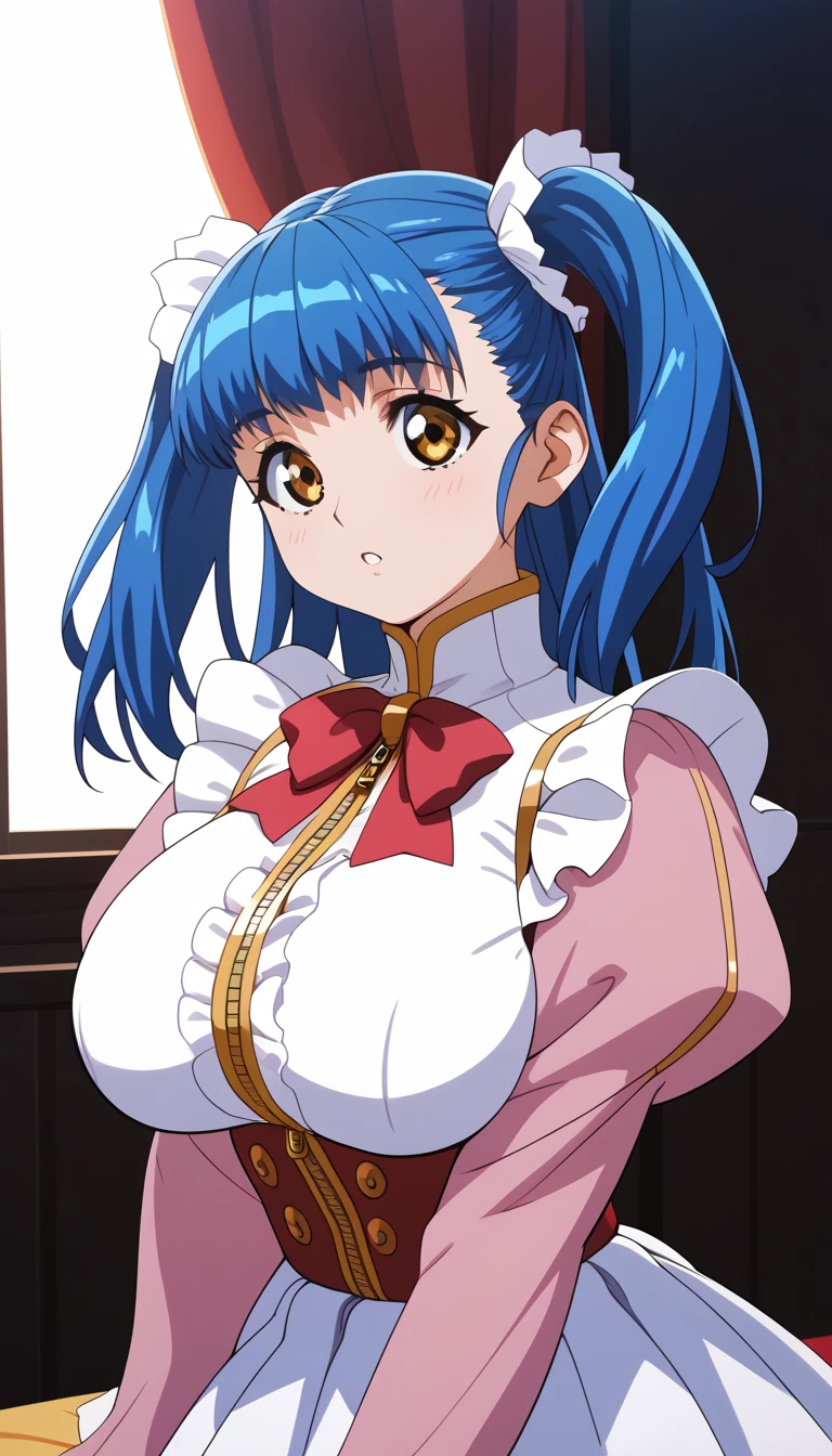 (Tuile(gravion),huge breasts,blue hair,yerrow eyes,twintail,two side up),(white shirt,red waist ribbon,gold zipper,white frill,red ribbon,white edge pink mini skirt,Pink sleeves,Pink Shoes、White socks),official art