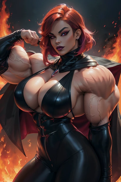 (Close view), shocking pink haired woman, angled bob cut, light brown skinned, evil smirk, (black lipstick), ((massive muscles)), (hyper muscle), ((ginormous bulky muscles)), ((glowing red eyes)), (black leather turtleneck top), (black hooded cloak), ((black leather pants)), (in front of fire), (dark and fire universe:1.3)